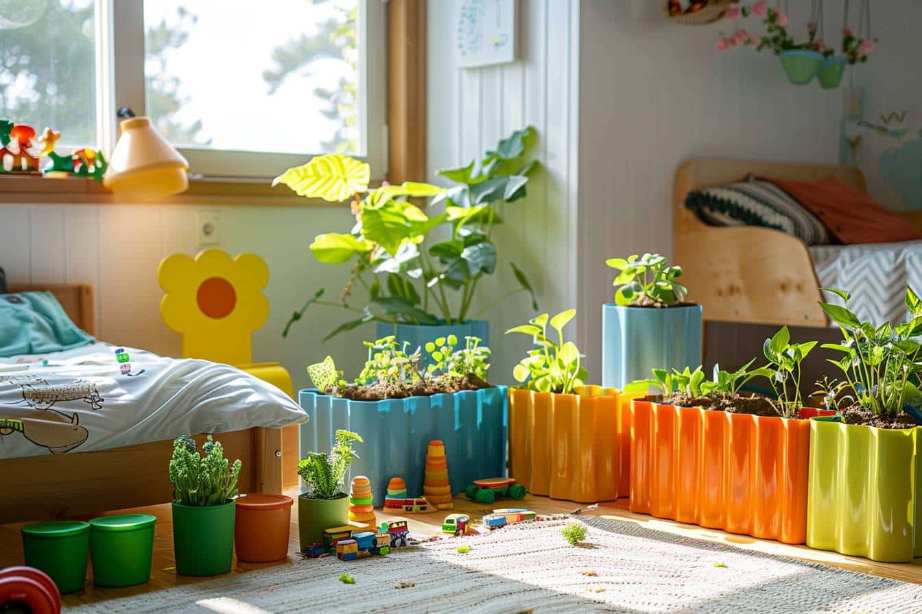 Décor de chambre d'enfant coloré et écologique réalisé avec des matériaux recyclés